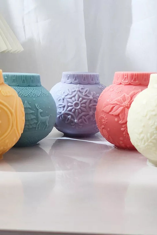 Christmas Bauble Candle Moulds 4 - Silicone Mould, Mold for DIY Candles. Created using candle making kit with cotton candle wicks and candle colour chips. Using soy wax for pillar candles. Sold by Myka Candles Moulds Australia