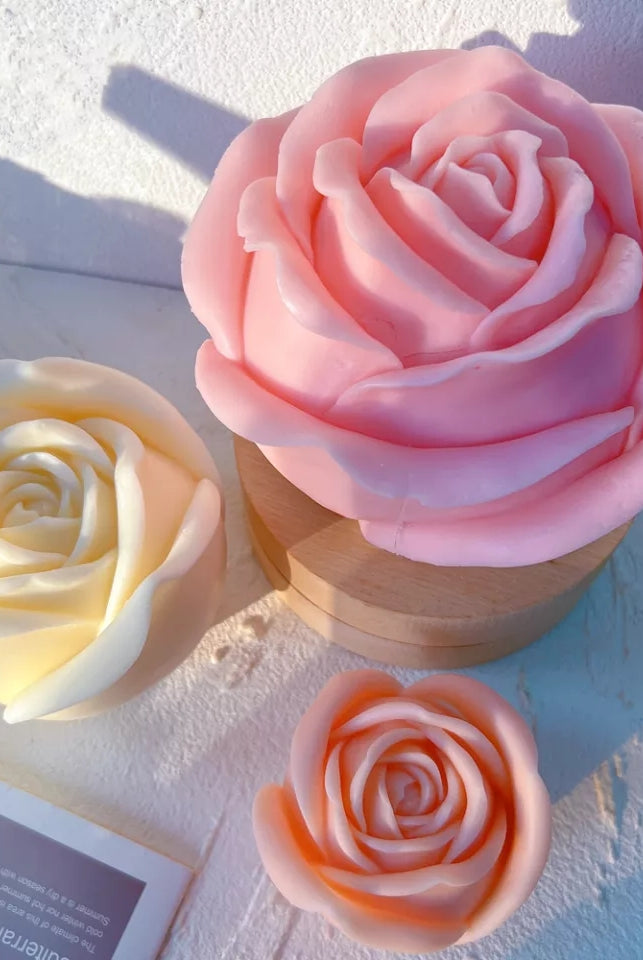 Large Rose Candle Moulds (Pink) 0 - Silicone Mould, Mold for DIY Candles. Created using candle making kit with cotton candle wicks and candle colour chips. Using soy wax for pillar candles. Sold by Myka Candles Moulds Australia