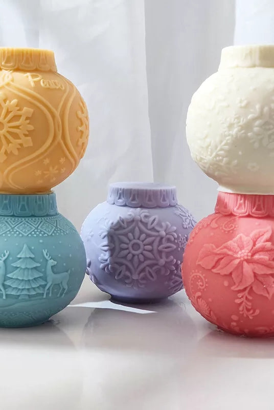 Christmas Bauble Candle Moulds 0 - Silicone Mould, Mold for DIY Candles. Created using candle making kit with cotton candle wicks and candle colour chips. Using soy wax for pillar candles. Sold by Myka Candles Moulds Australia
