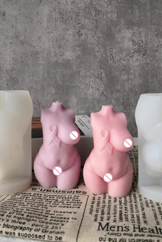 Breast Cancer Voluptuous Body Candle Mould - 10cm 2 - Silicone Mould, Mold for DIY Candles. Created using candle making kit with cotton candle wicks and candle colour chips. Using soy wax for pillar candles. Sold by Myka Candles Moulds Australia