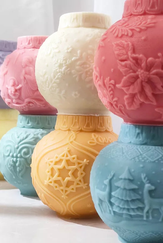 Christmas Bauble Candle Moulds 2 - Silicone Mould, Mold for DIY Candles. Created using candle making kit with cotton candle wicks and candle colour chips. Using soy wax for pillar candles. Sold by Myka Candles Moulds Australia