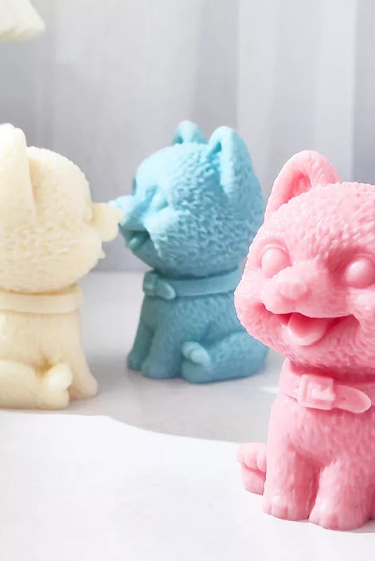 Happy Dog Candle Mould 1 - Silicone Mould, Mold for DIY Candles. Created using candle making kit with cotton candle wicks and candle colour chips. Using soy wax for pillar candles. Sold by Myka Candles Moulds Australia