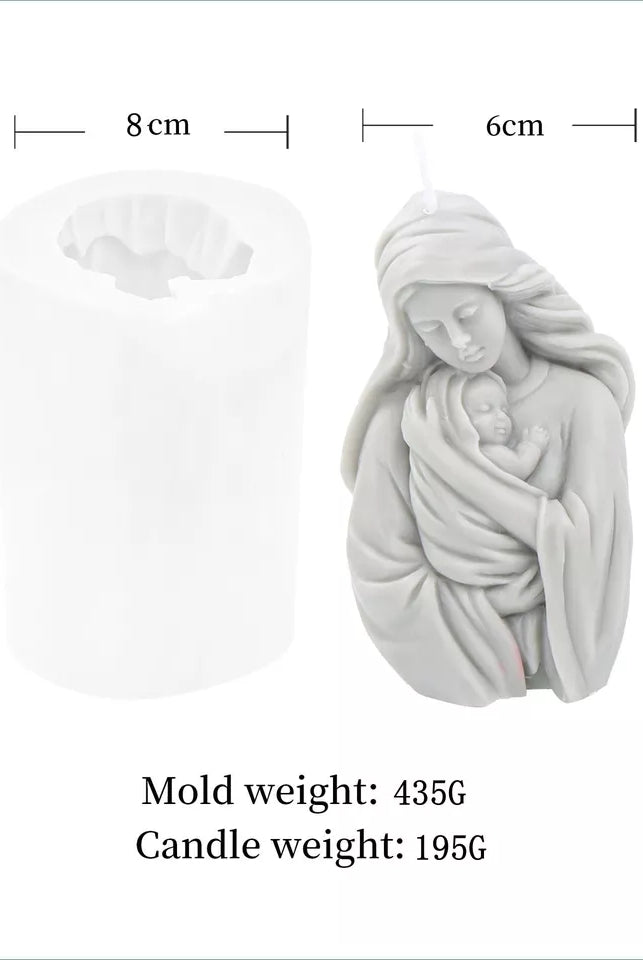 Mary Candle Mould 2 - Silicone Mould, Mold for DIY Candles. Created using candle making kit with cotton candle wicks and candle colour chips. Using soy wax for pillar candles. Sold by Myka Candles Moulds Australia