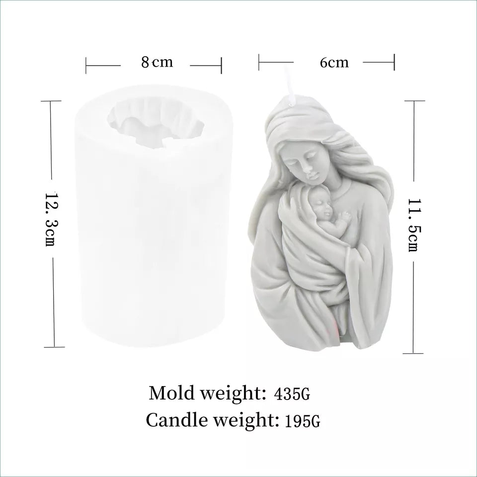 Mary Candle Mould 2 - Silicone Mould, Mold for DIY Candles. Created using candle making kit with cotton candle wicks and candle colour chips. Using soy wax for pillar candles. Sold by Myka Candles Moulds Australia