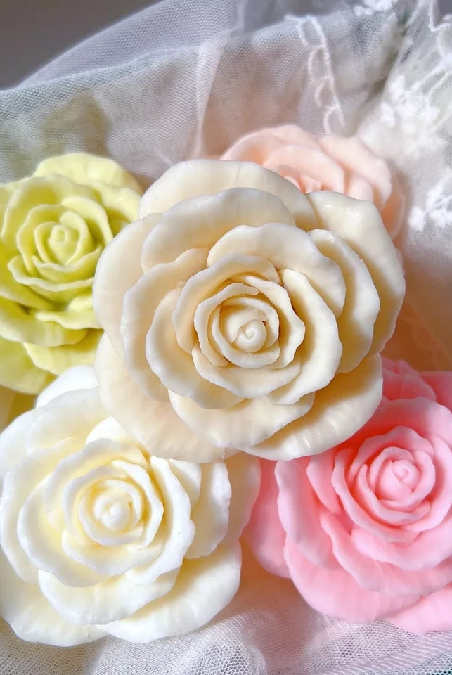 Blooming Rose Candle Mould 4 - Silicone Mould, Mold for DIY Candles. Created using candle making kit with cotton candle wicks and candle colour chips. Using soy wax for pillar candles. Sold by Myka Candles Moulds Australia
