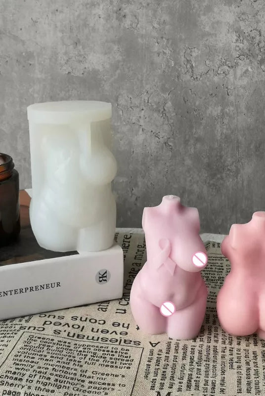Breast Cancer Voluptuous Body Candle Mould - 10cm 3 - Silicone Mould, Mold for DIY Candles. Created using candle making kit with cotton candle wicks and candle colour chips. Using soy wax for pillar candles. Sold by Myka Candles Moulds Australia