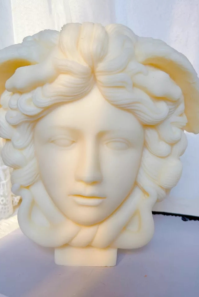 Medusa Candle Mould 1 - Silicone Mould, Mold for DIY Candles. Created using candle making kit with cotton candle wicks and candle colour chips. Using soy wax for pillar candles. Sold by Myka Candles Moulds Australia