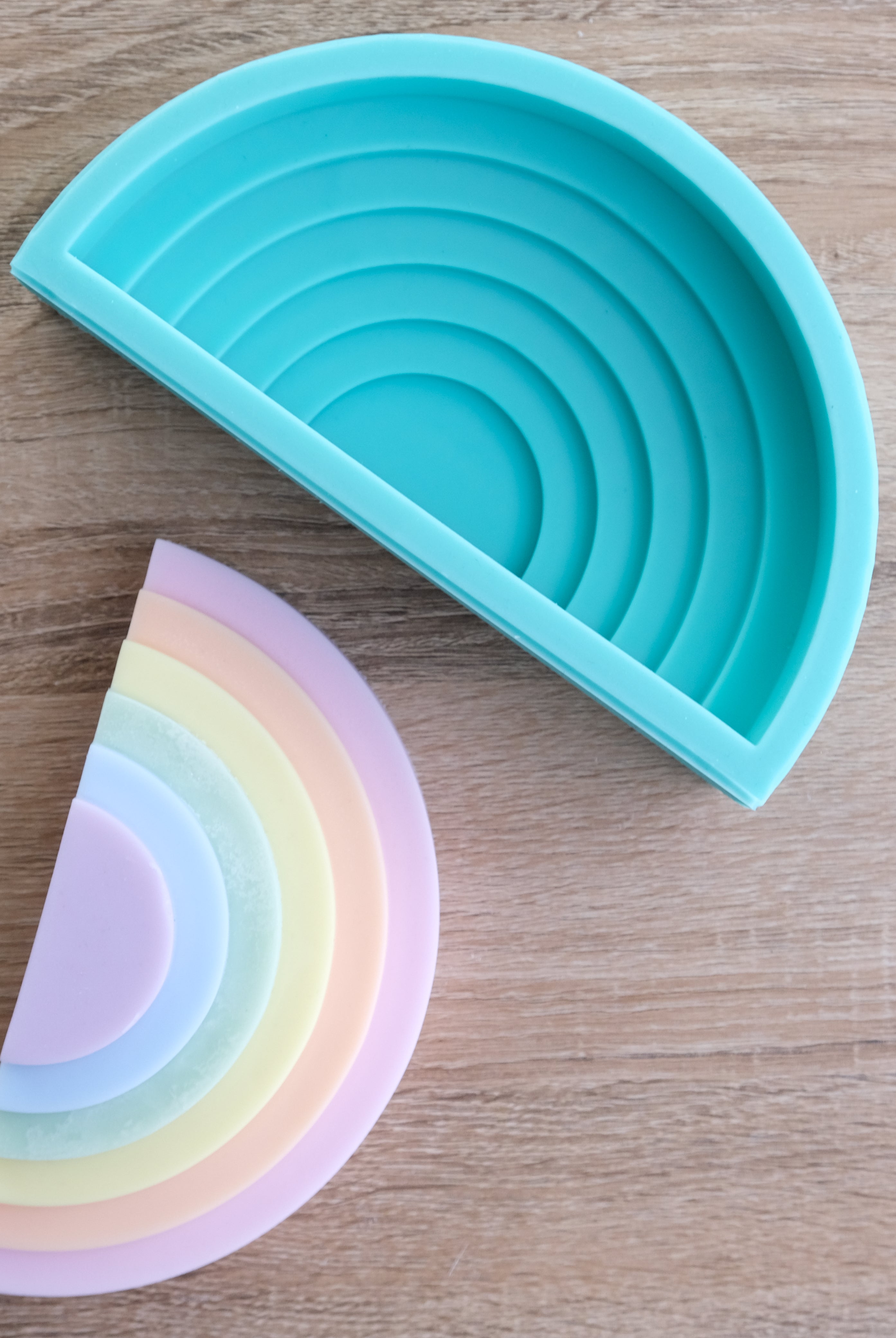 Tiered Rainbow Candle Mould 4 - Silicone Mould, Mold for DIY Candles. Created using candle making kit with cotton candle wicks and candle colour chips. Using soy wax for pillar candles. Sold by Myka Candles Moulds Australia