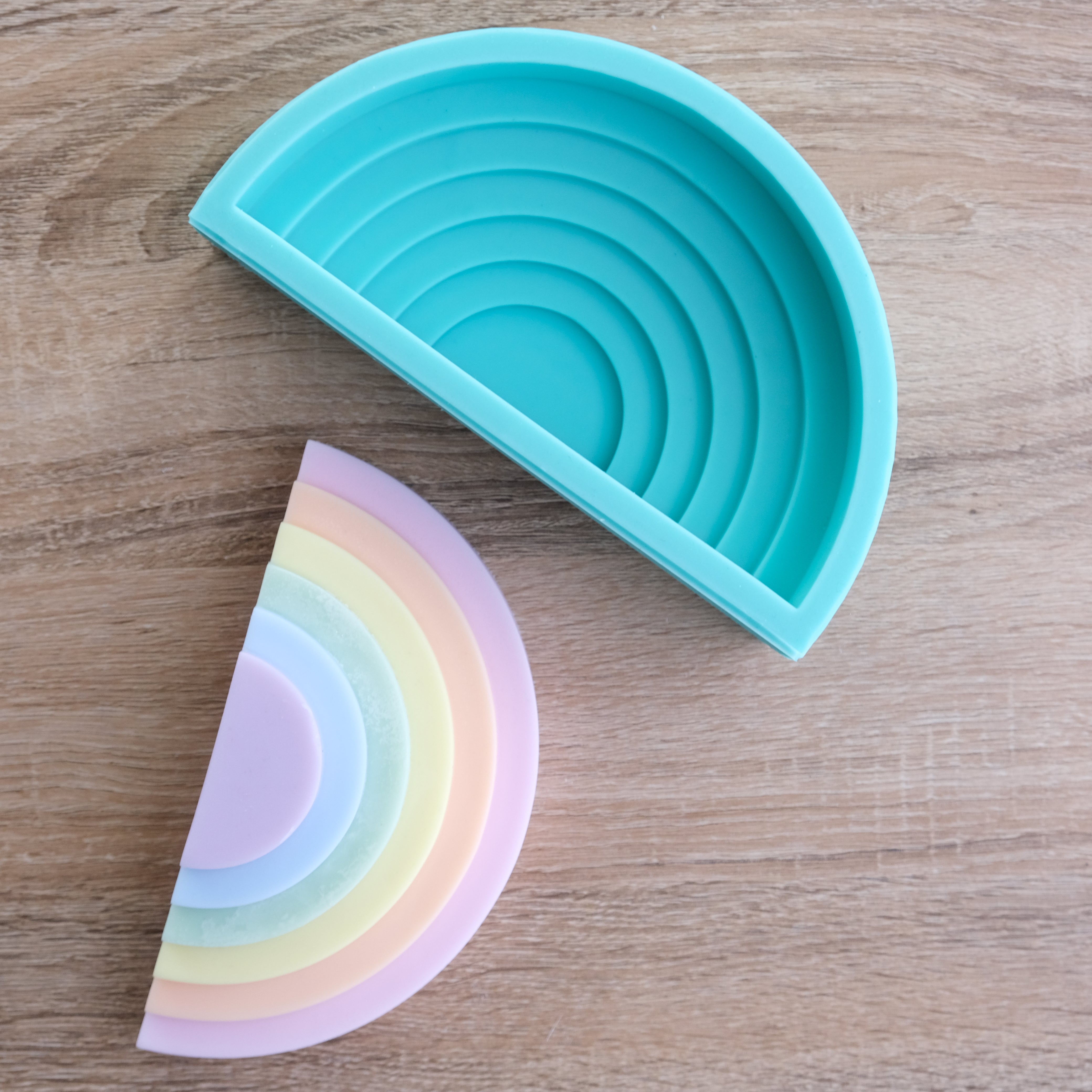 Tiered Rainbow Candle Mould 4 - Silicone Mould, Mold for DIY Candles. Created using candle making kit with cotton candle wicks and candle colour chips. Using soy wax for pillar candles. Sold by Myka Candles Moulds Australia