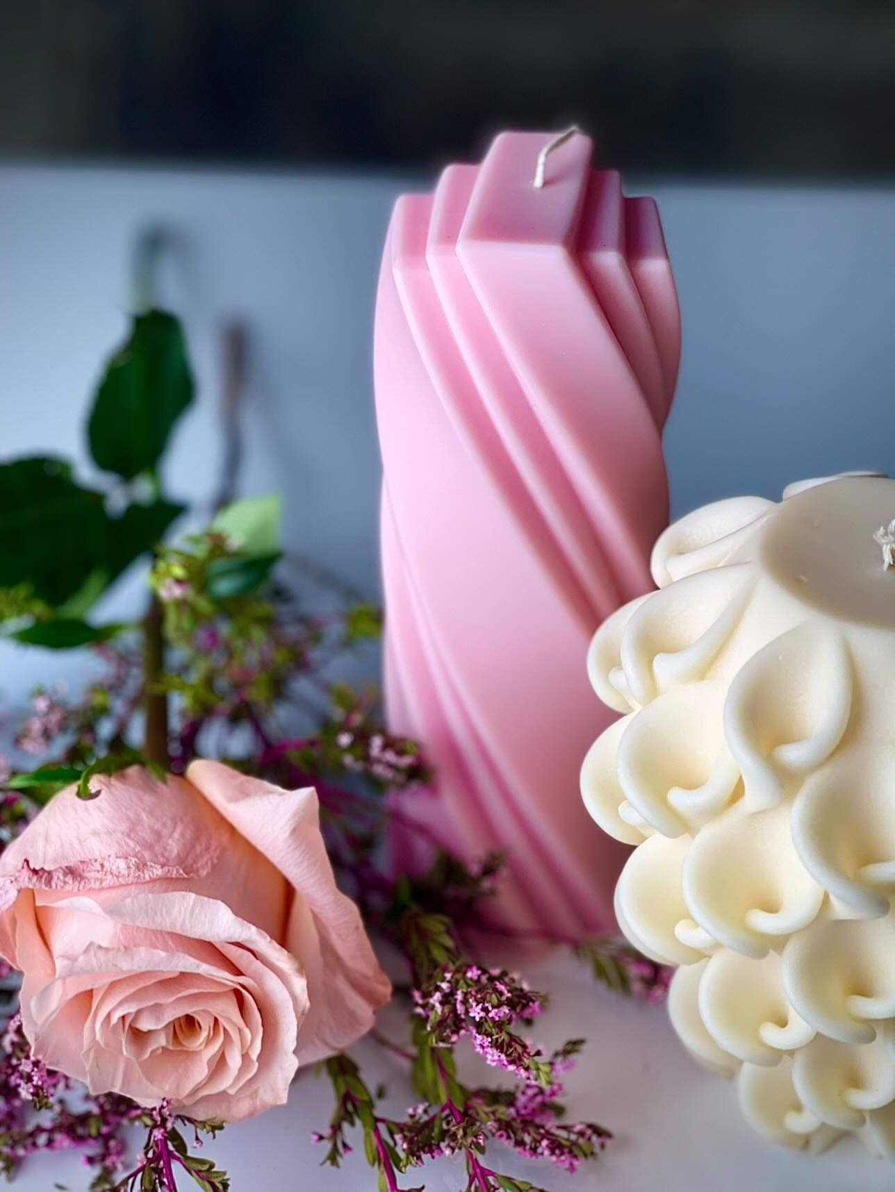 Belle Candle Mould 2 - Silicone Mould, Mold for DIY Candles. Created using candle making kit with cotton candle wicks and candle colour chips. Using soy wax for pillar candles. Sold by Myka Candles Moulds Australia