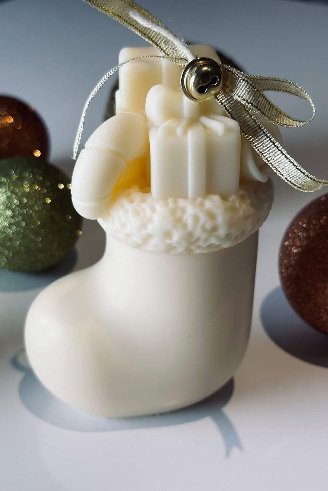 Christmas Stocking Candle Mould 0 - Silicone Mould, Mold for DIY Candles. Created using candle making kit with cotton candle wicks and candle colour chips. Using soy wax for pillar candles. Sold by Myka Candles Moulds Australia
