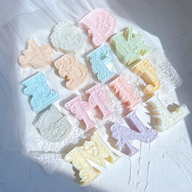 An aesthetic Alphabet Silicone Candle Moulds silicone candle mould from MYKA Candles and Moulds, perfect for soap, resin, and cake mould art.