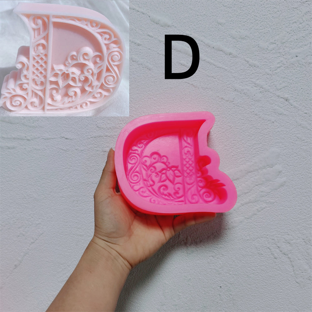 An intricate Alphabet Silicone Candle Moulds silicone candle mold by MYKA Candles and Moulds, designed for aesthetic candles and resin moulds.