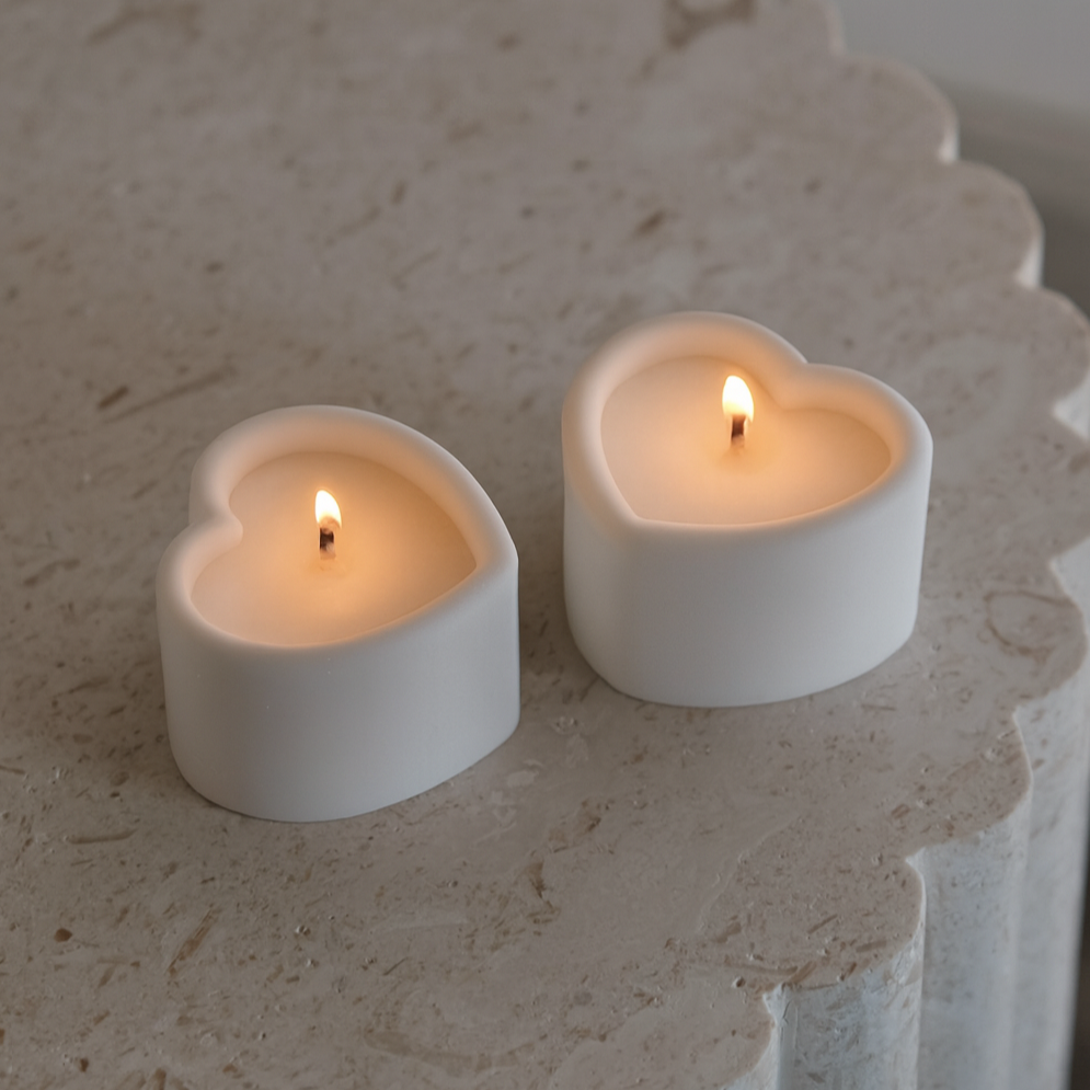 A detailed Amour Heart Tealight Duo Candle Mould silicone candle mould by MYKA Candles and Moulds, perfect for candle making, soap moulds, and resin moulds.