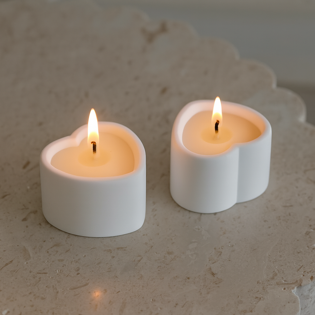 View of the Amour Heart Tealight Duo Candle Mould silicone candle mould from MYKA Candles and Moulds, ideal for DIY soap moulds and cake mould projects.
