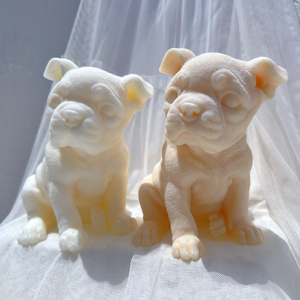Close-up of the Boston Terrier Puppy Candle Mould silicone candle mould by MYKA Candles and Moulds for soy wax, soap moulds, and baking mould hobbyists.