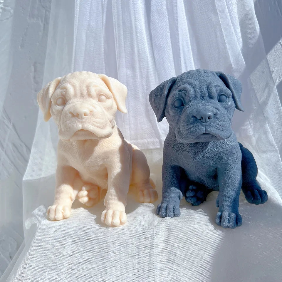 A detailed Boxer Puppy Candle Mould silicone candle mould by MYKA Candles and Moulds, perfect for candle making, soap moulds, and resin moulds.