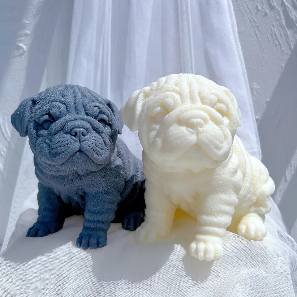 Close-up of the Bulldog Puppy Candle Mould silicone candle mould by MYKA Candles and Moulds for soy wax, soap moulds, and baking mould hobbyists.