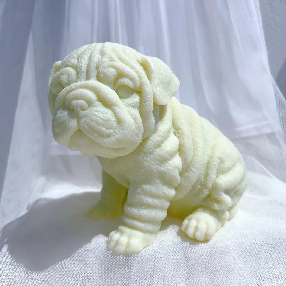 A detailed Bulldog Puppy Candle Mould silicone candle mould by MYKA Candles and Moulds, perfect for candle making, soap moulds, and resin moulds.