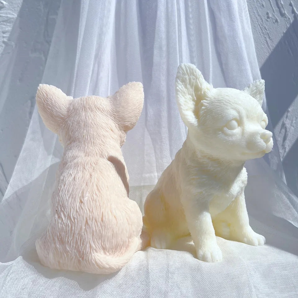 Close-up of the Chihuahua Puppy Candle Mould silicone candle mould by MYKA Candles and Moulds for soy wax, soap moulds, and baking mould hobbyists.
