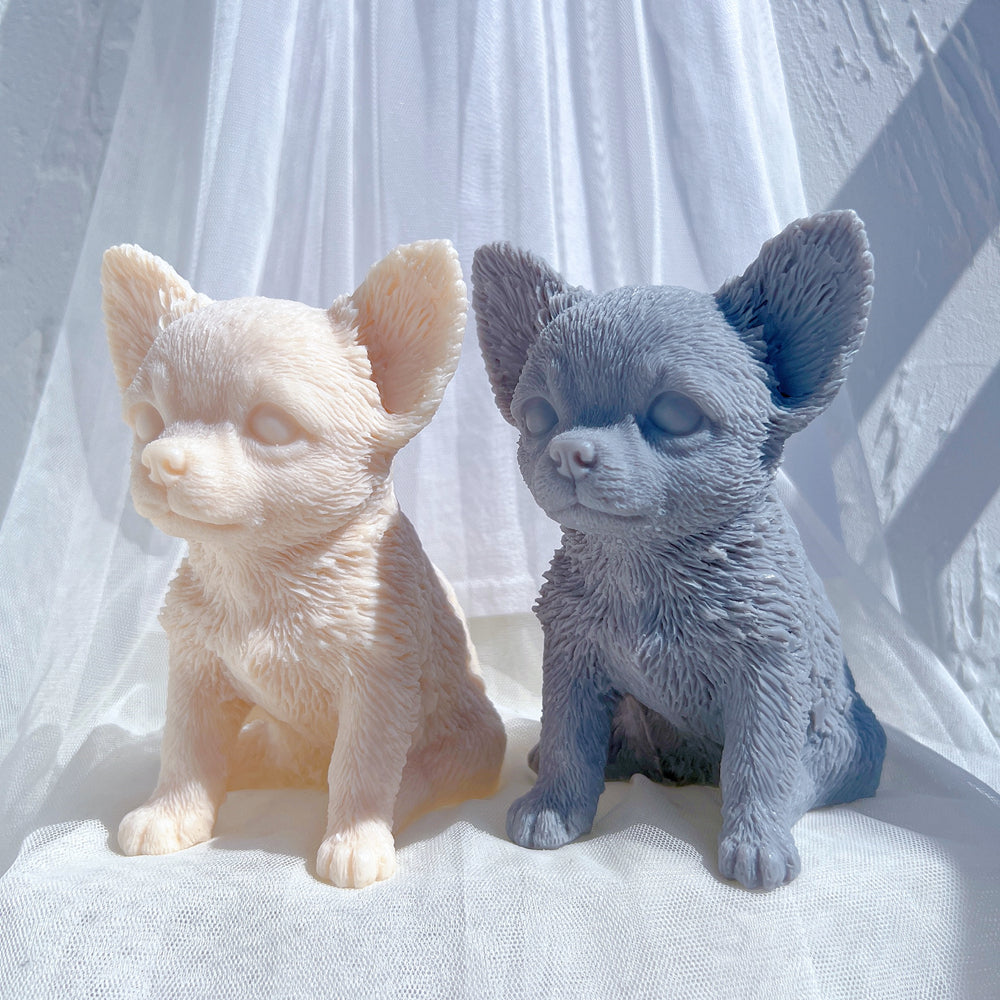A Chihuahua Puppy Candle Mould silicone candle mold by MYKA Candles and Moulds, the perfect multipurpose tool for soap, resin, and cake mould casting.