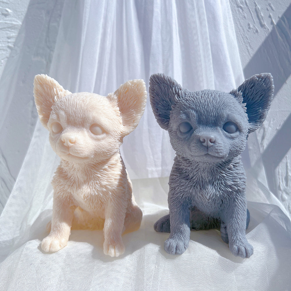 An intricate Chihuahua Puppy Candle Mould silicone candle mold by MYKA Candles and Moulds, designed for aesthetic candles and resin moulds.