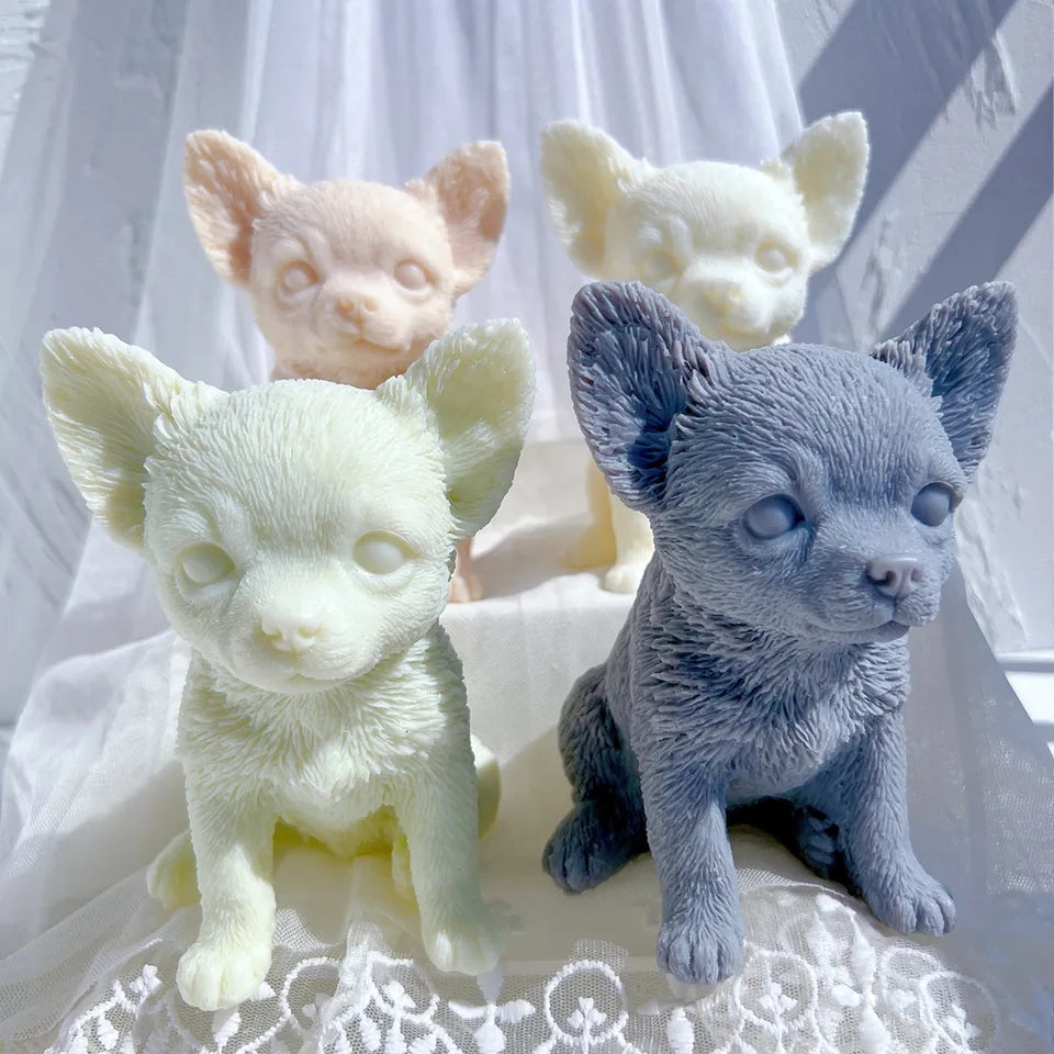 The Chihuahua Puppy Candle Mould silicone candle mold by MYKA Candles and Moulds, featuring high detail for candle, soap, and baking moulds.