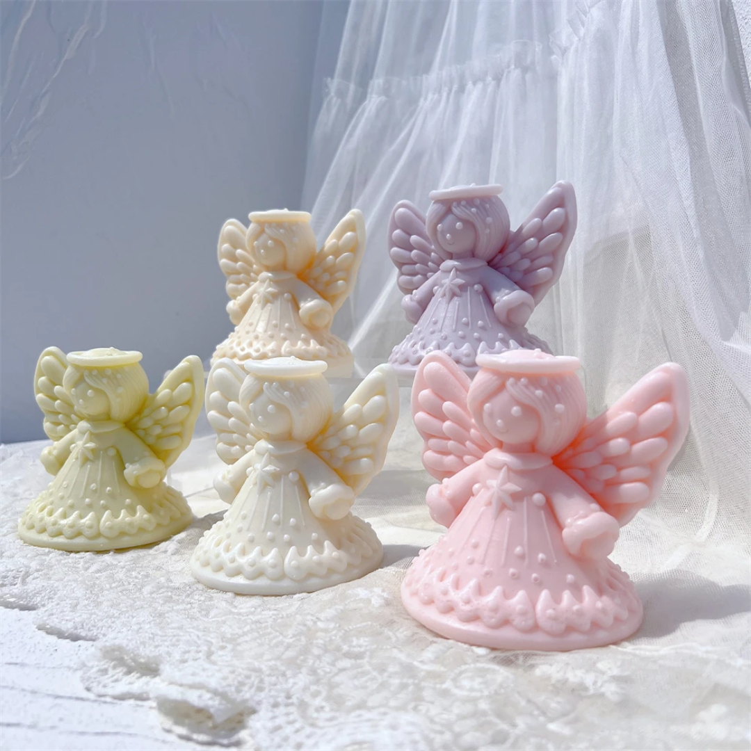 An intricate Christmas Angel Silicone Candle Mould silicone candle mold by MYKA Candles and Moulds, designed for aesthetic candles and resin moulds.