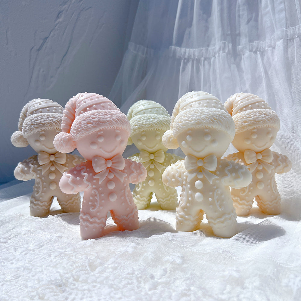 Close-up of the Christmas Gingerbread Man Candle Mould silicone candle mould by MYKA Candles and Moulds for soy wax, soap moulds, and baking mould hobbyists.