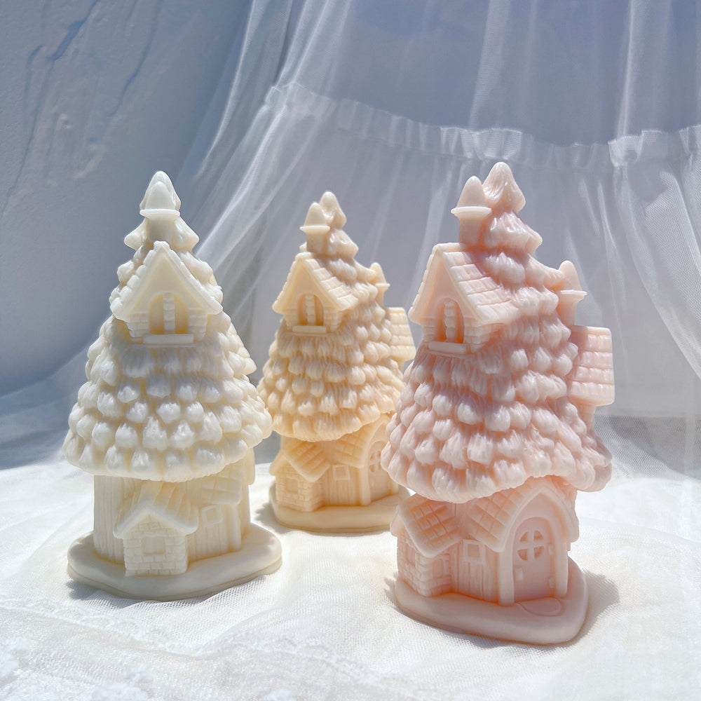 The flexible Christmas Hut Candle Mould silicone candle mould by MYKA Candles and Moulds, suitable for soap moulds and food-grade cake mould use.