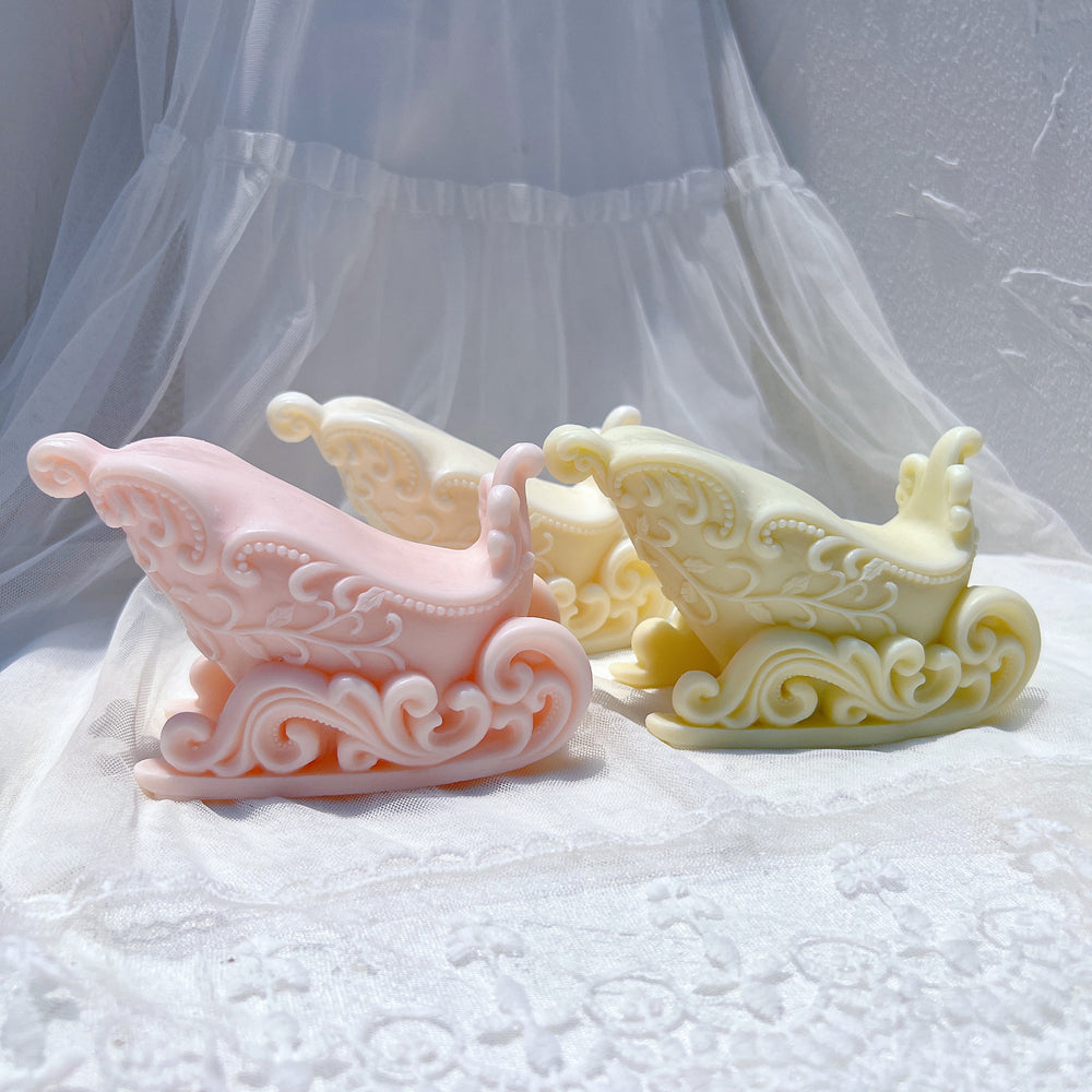 A heat-resistant Christmas Sleigh Candle Mould silicone candle mould by MYKA Candles and Moulds, ideal for soap, resin, and baking mould applications.
