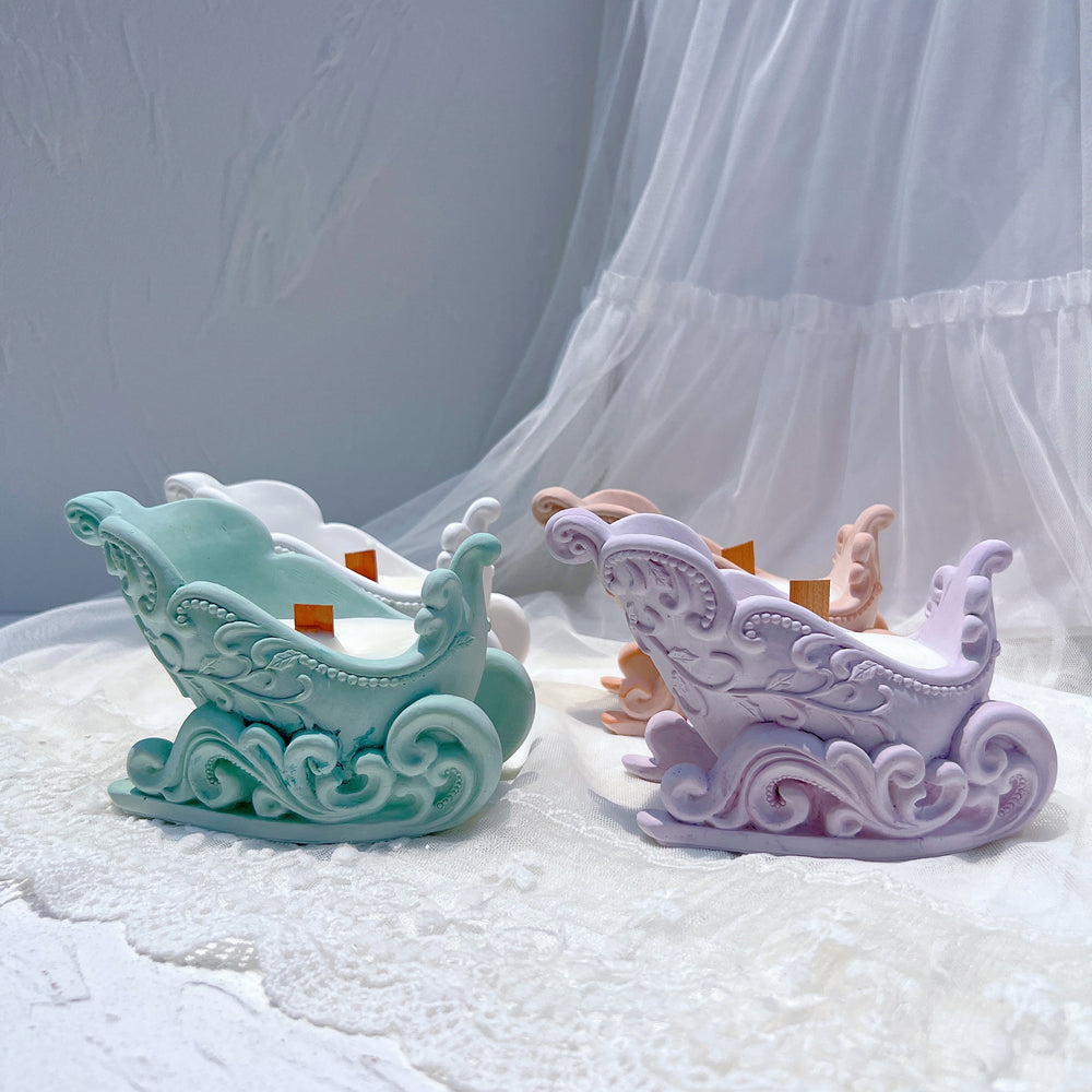 The flexible Christmas Sleigh Vessel Mould silicone candle mould by MYKA Candles and Moulds, suitable for plaster casting and candle making.