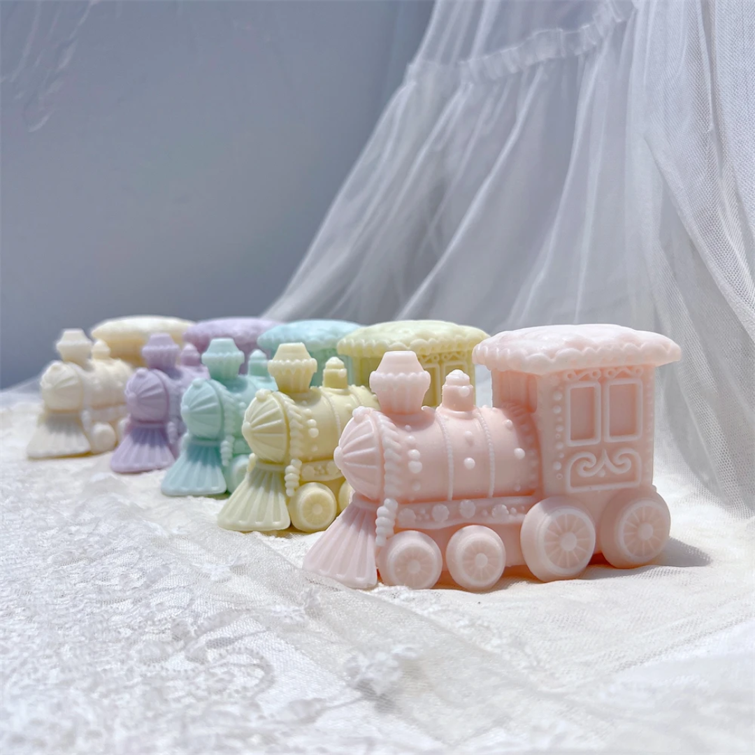 A Christmas Train Silicone Candle Mould silicone candle mold by MYKA Candles and Moulds, designed for easy release in soap, resin, and cake mould casting.