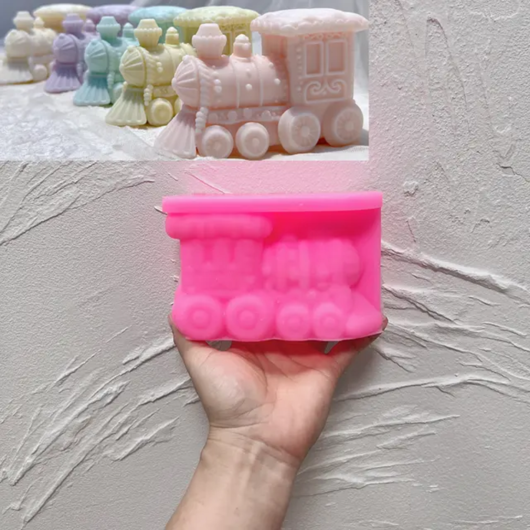 A detailed Christmas Train Silicone Candle Mould silicone candle mould by MYKA Candles and Moulds, perfect for candle making, soap moulds, and resin moulds.