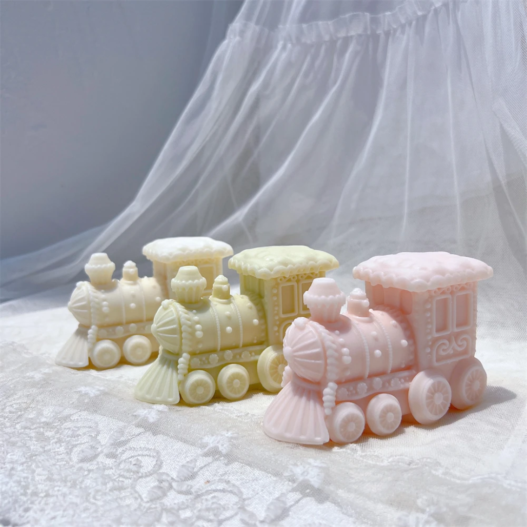 Showcasing the Christmas Train Silicone Candle Mould silicone candle mould by MYKA Candles and Moulds for creative baking moulds and candle making.