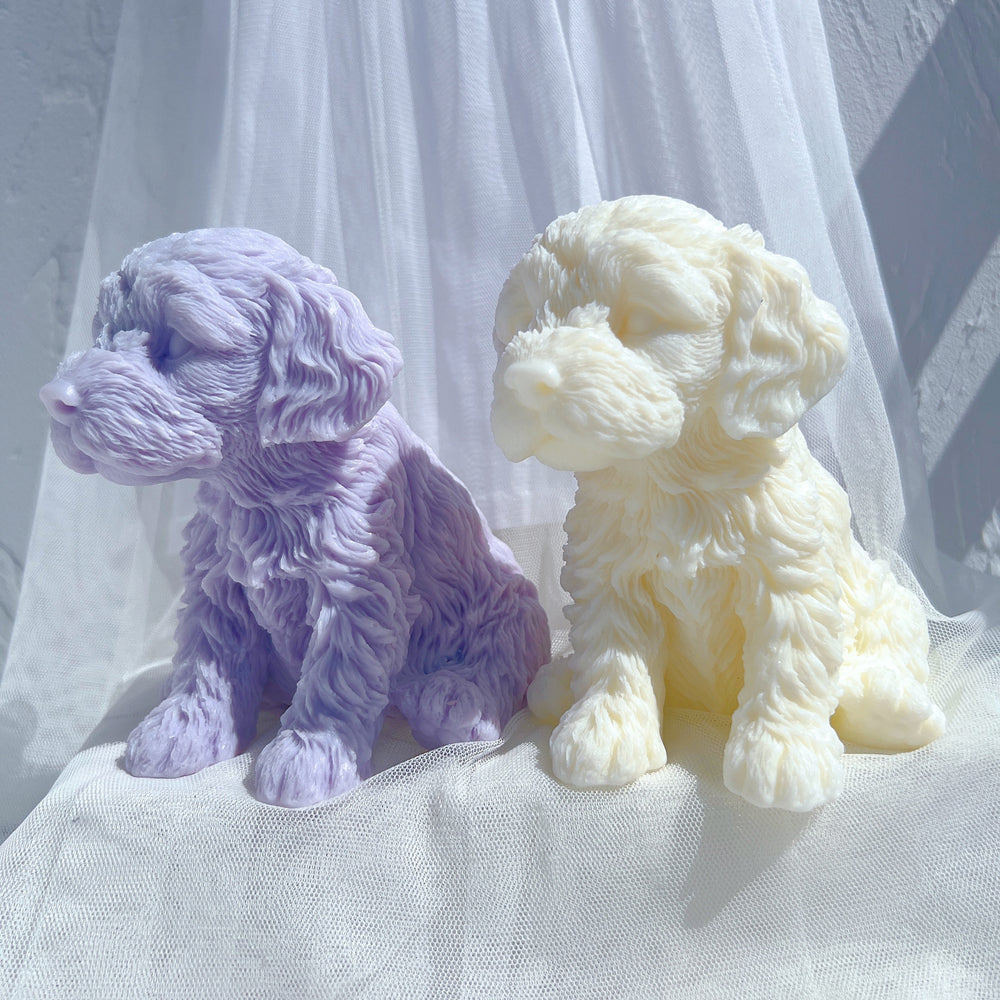 A Cockapoo Puppy Candle Mould silicone candle mold by MYKA Candles and Moulds, the perfect multipurpose tool for soap, resin, and cake mould casting.
