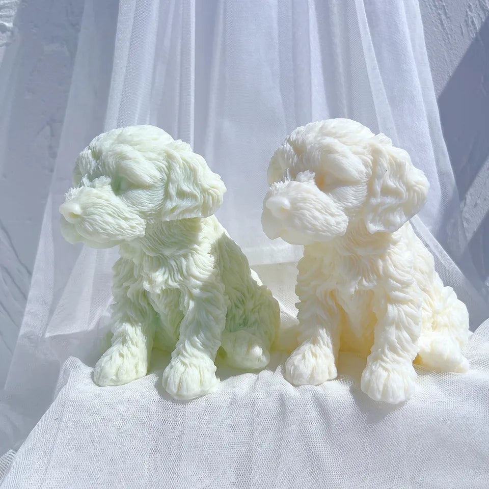 A Cockapoo Puppy Candle Mould silicone candle mold by MYKA Candles and Moulds, the perfect multipurpose tool for soap, resin, and cake mould casting.