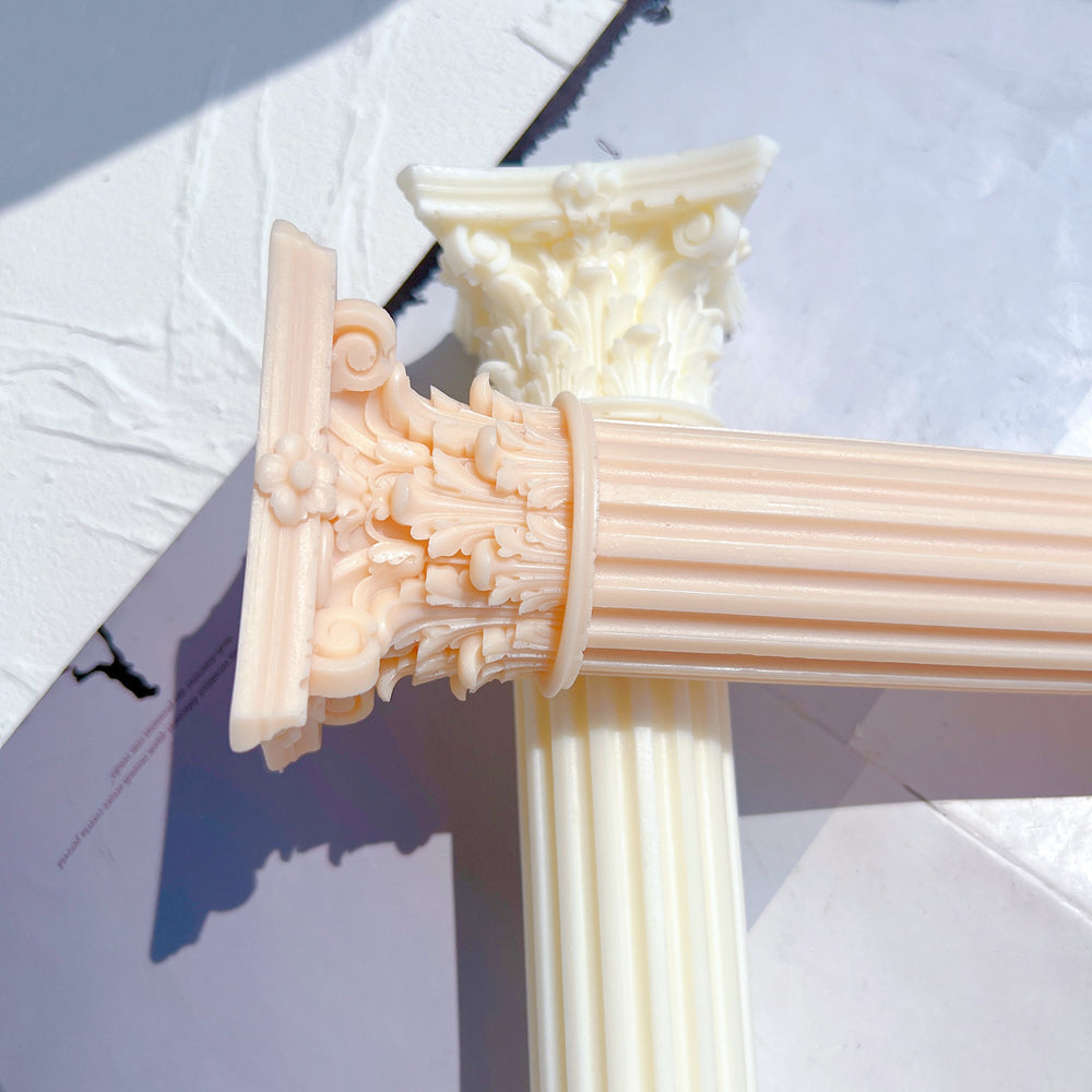 The flexible Corinthian Pillar Candle Mould silicone candle mould by MYKA Candles and Moulds, suitable for soap moulds and food-grade cake mould use.