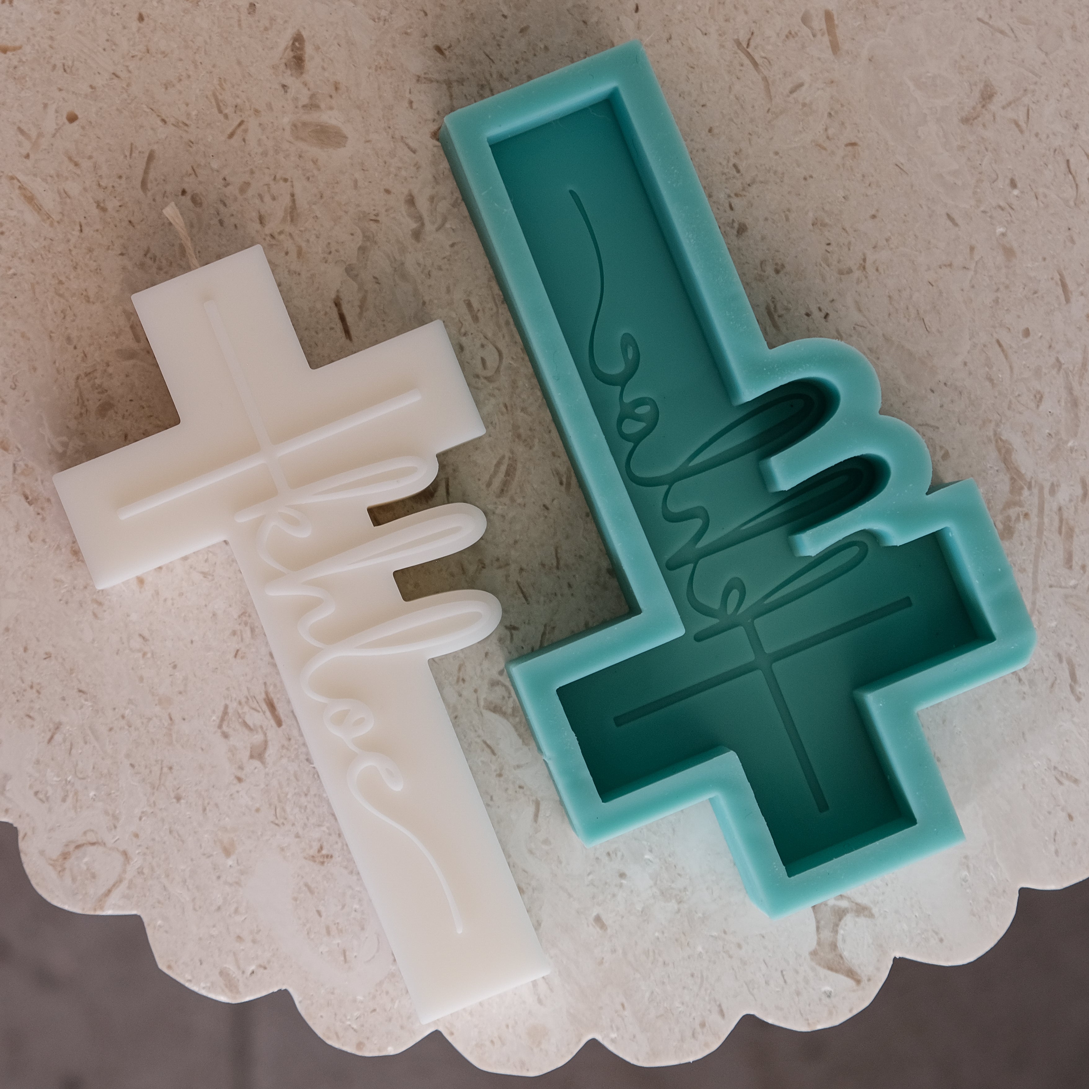 Crafting with the Customisable Christening Cross Candle Mould silicone candle mould by MYKA Candles and Moulds, also used for soap, resin, and cake moulds.