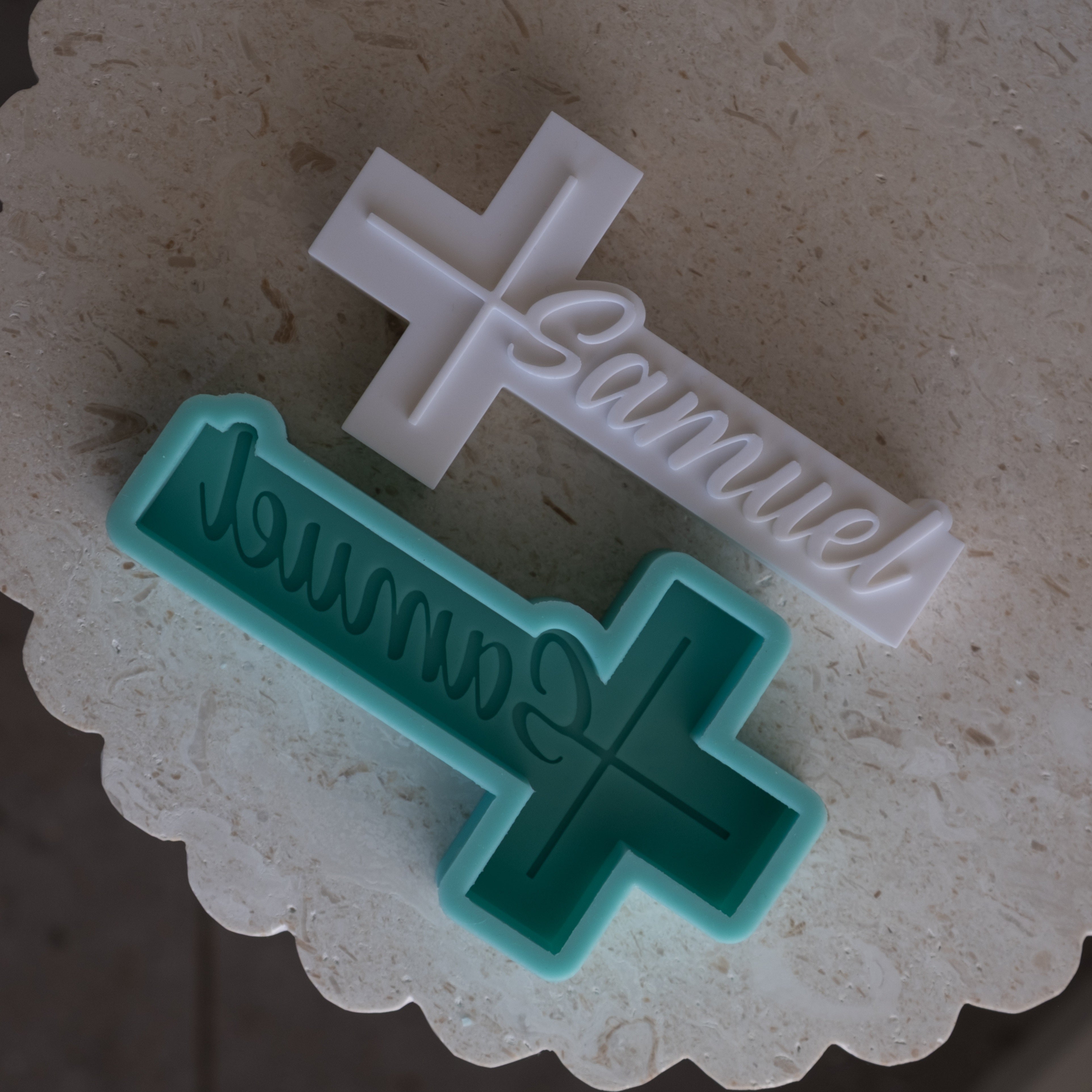 A premium Customisable Christening Cross Candle Mould silicone candle mold by MYKA Candles and Moulds, a versatile tool for soap, resin, and cake mould crafting.