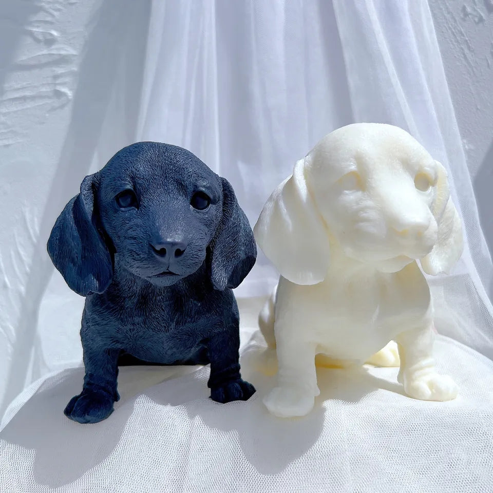 An intricate Dachshund Puppy Candle Mould silicone candle mold by MYKA Candles and Moulds, designed for aesthetic candles and resin moulds.