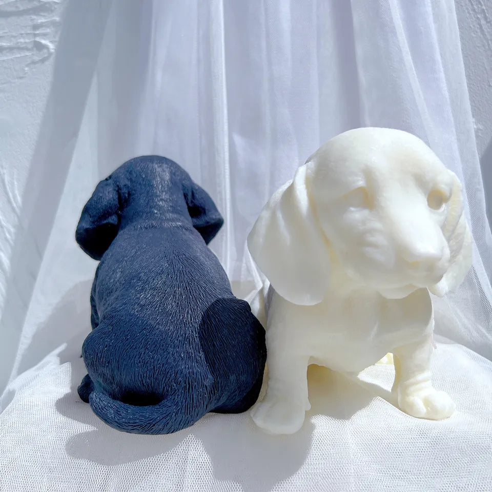 The flexible Dachshund Puppy Candle Mould silicone candle mould by MYKA Candles and Moulds, suitable for soap moulds and food-grade cake mould use.