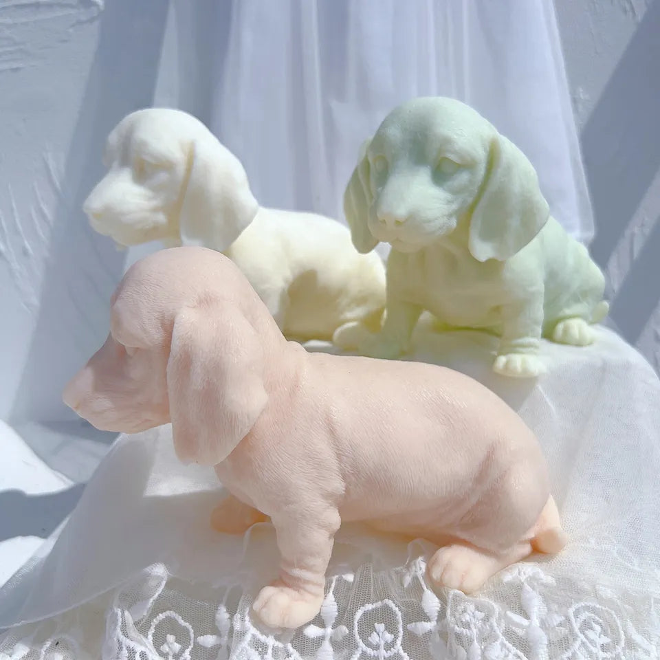 An aesthetic Dachshund Puppy Candle Mould silicone candle mould from MYKA Candles and Moulds, perfect for soap, resin, and cake mould art.