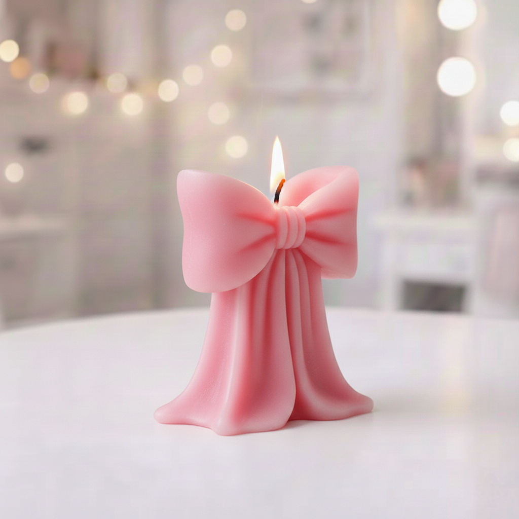 View of the Draped Bow Pillar Candle Mould silicone candle mould from MYKA Candles and Moulds, ideal for DIY soap moulds and cake mould projects.