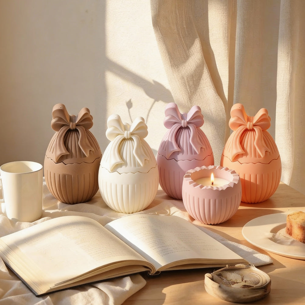 A detailed Easter Bow Egg Vessel Mould silicone candle mould by MYKA Candles and Moulds, perfect for casting concrete vessels and resin moulds.
