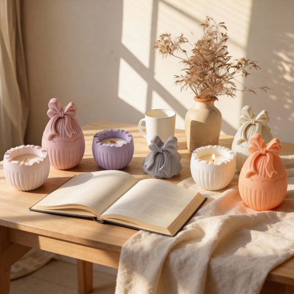 An intricate Easter Bow Egg Vessel Mould silicone candle mold by MYKA Candles and Moulds, designed for aesthetic home decor and vessel moulds.