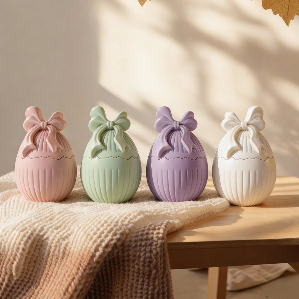 A versatile Easter Bow Egg Vessel Mould silicone candle mould by MYKA Candles and Moulds, suitable for resin jars and concrete planter moulds.