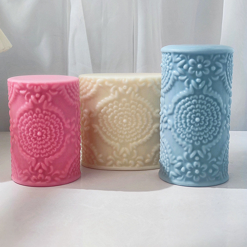 A Floral Pillar Candle Moulds silicone candle mold by MYKA Candles and Moulds, designed for easy release in soap, resin, and cake mould casting.