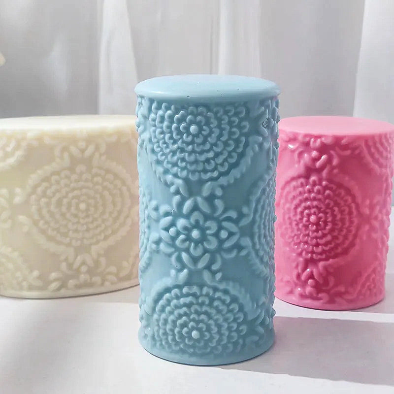 A premium Floral Pillar Candle Moulds silicone candle mold by MYKA Candles and Moulds, a versatile tool for soap, resin, and cake mould crafting.