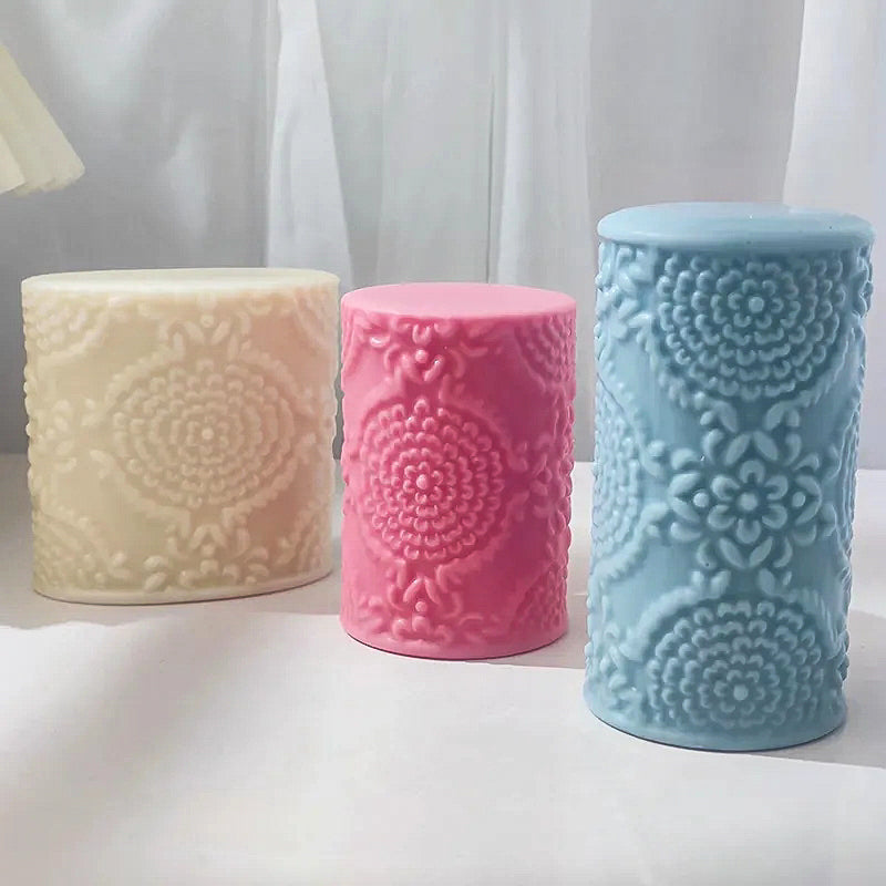 Professional Floral Pillar Candle Moulds silicone candle mould by MYKA Candles and Moulds, also used for resin moulds and baking mould designs.